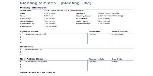 Sample Minutes of Meeting Template or Form