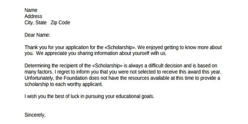 Scholarship Rejection Letter to Applicant