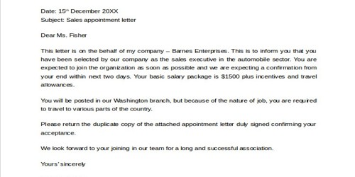 Sample Sales Appointment Letter format