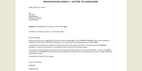 Sample Resignation Letter of Manager