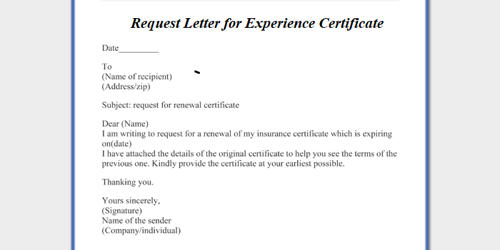 Request Letter for Experience Certificate