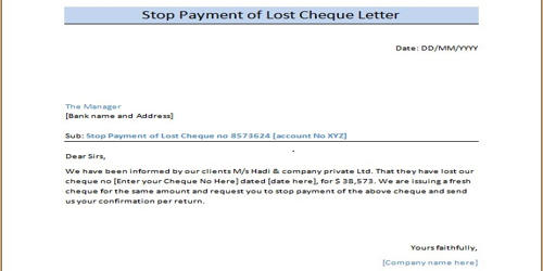 Request Letter for Stop Payment of Cheque
