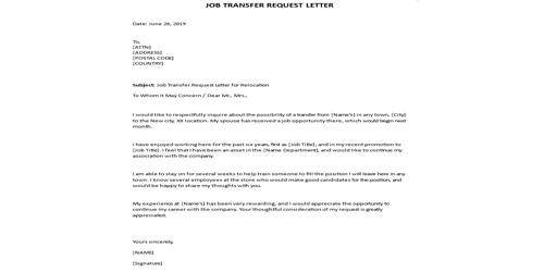 Request Letter for Transfer to another place
