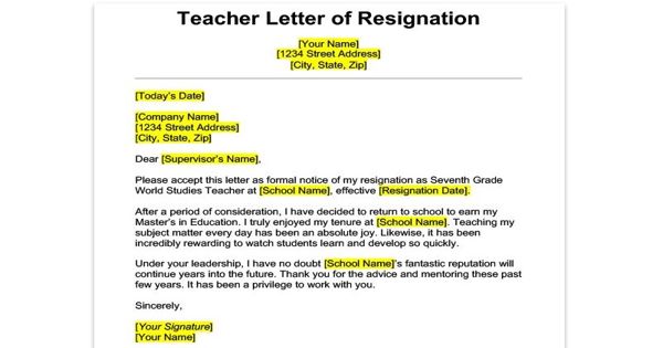 Sample Teacher Resignation Letter Format