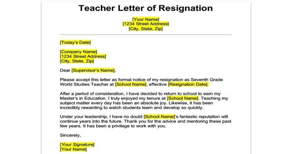 Sample Teacher Resignation Letter Format Assignment Point