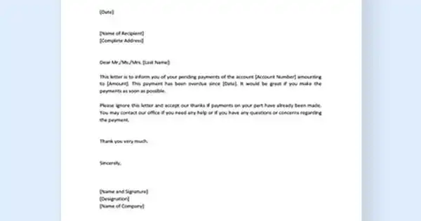 Sample Format for Reminder of Pending Payment Letter - Assignment Point