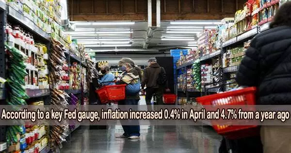 According to a key Fed gauge, inflation increased 0.4% in April and 4.7% from a year ago
